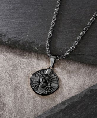 Men's Stainless Steel Black Plated Jesus Cross Coin Pendant Necklace