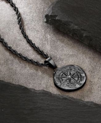 Men's Stainless Steel Black Plated Compass Coin Pendant Necklace