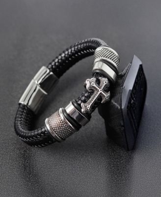 Men's Iron Crest Leather Bracelet in Stainless Steel