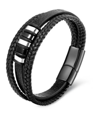 Men's Valente Cuff Leather Bracelet in Stainless Steel