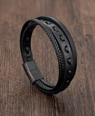 Men's Obsidian Leather & Stainless Steel Bracelet