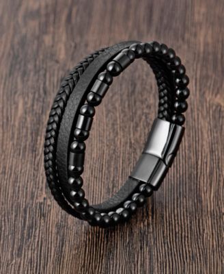 Men's Nero Leather & Stainless Steel Bracelet