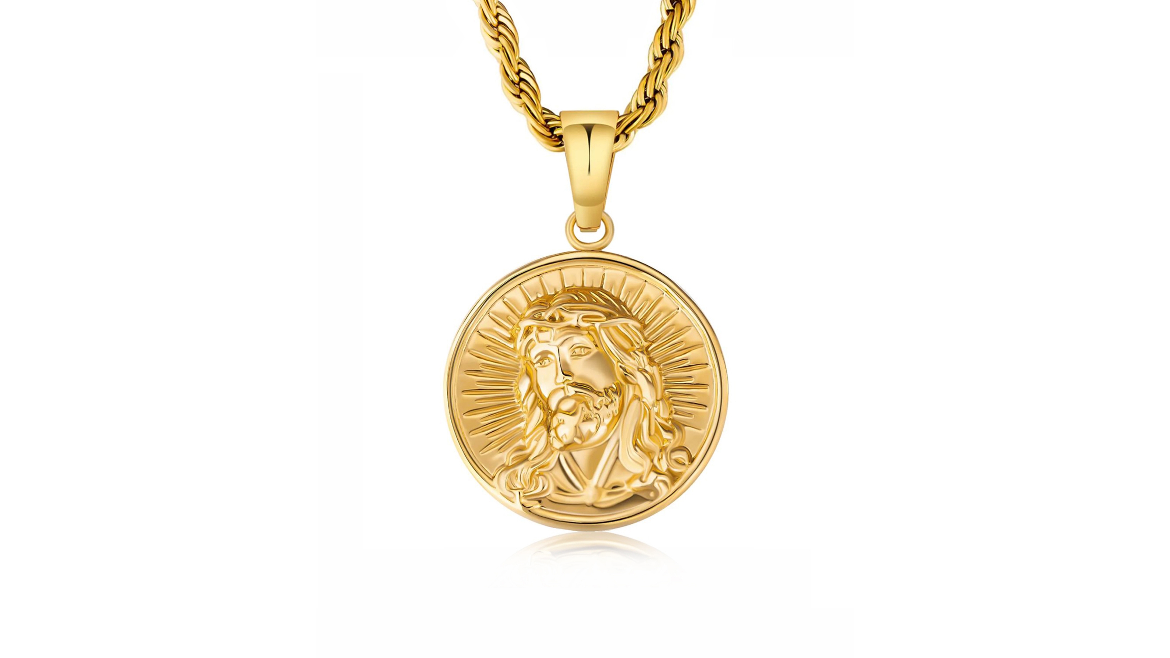 Rhona Sutton Men's Jesus Coin Pendant Necklace in 18k Gold Plated