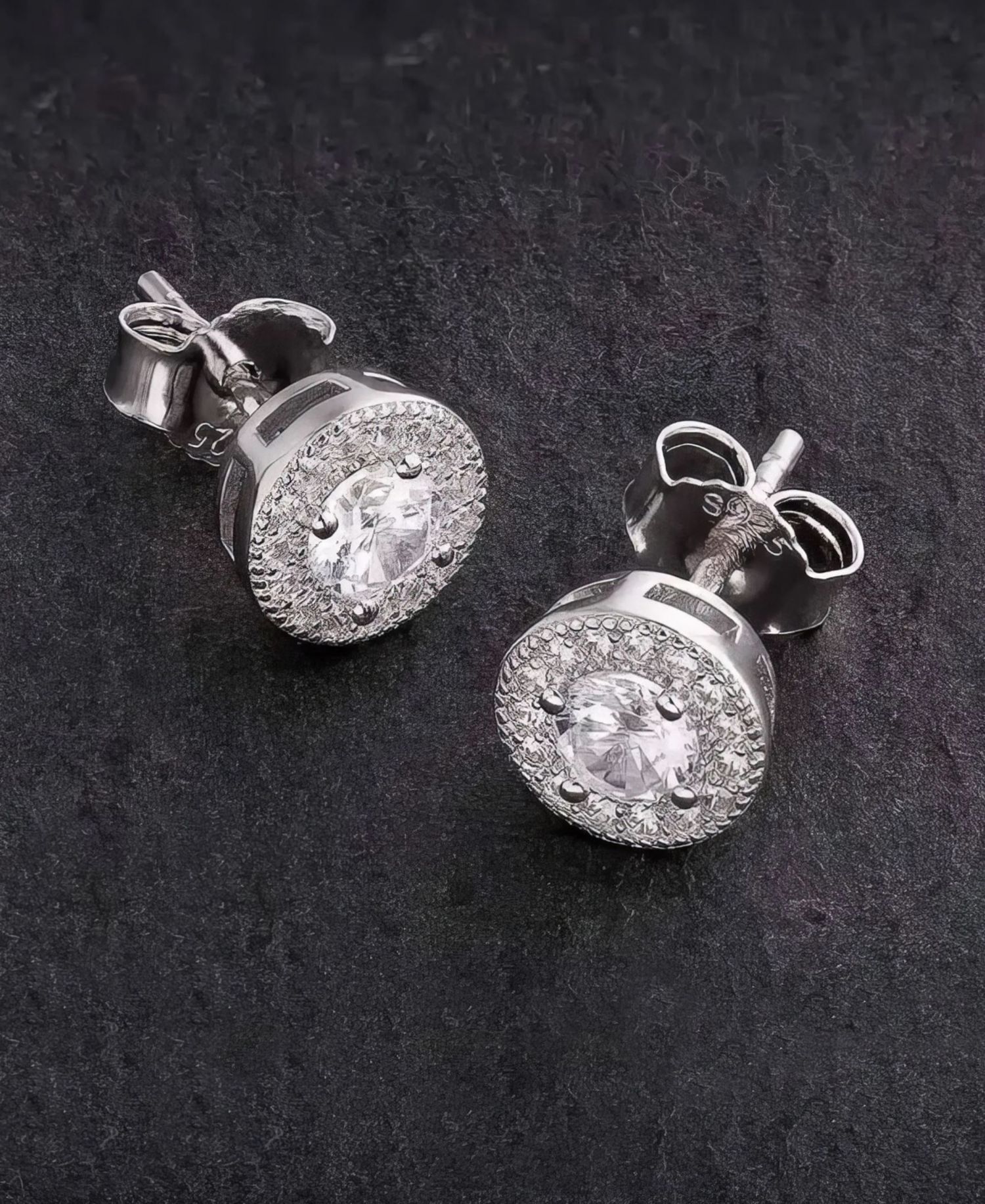 Men's Cubic Zirconia Iced Stud Earrings in 14k White Gold Plated Sterling Silver