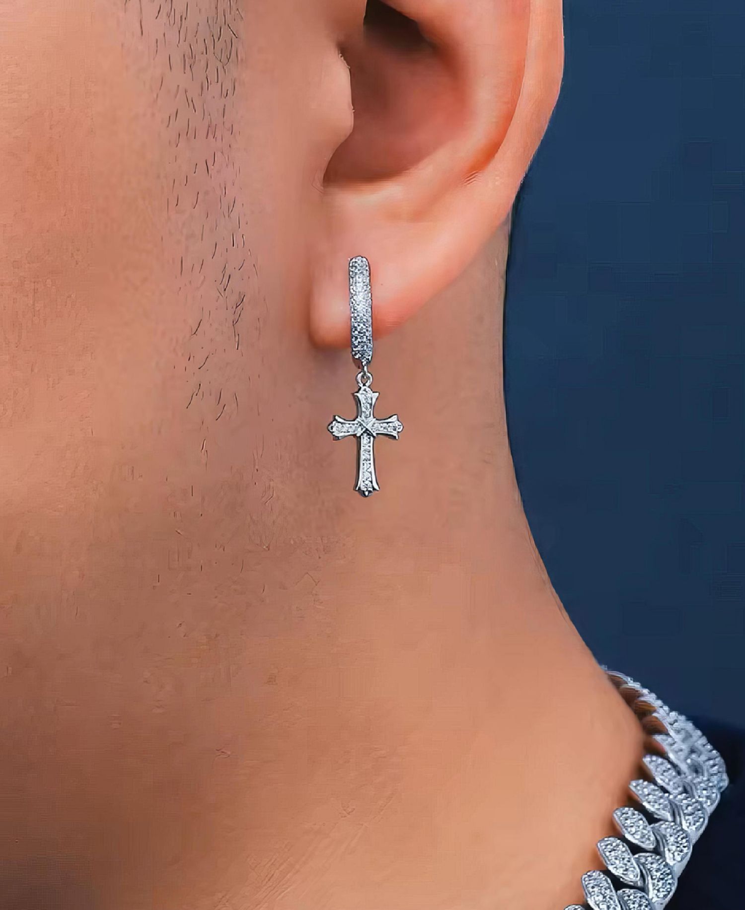 Men's Cubic Zirconia Iced Cross Hoop Earrings in Sterling Silver