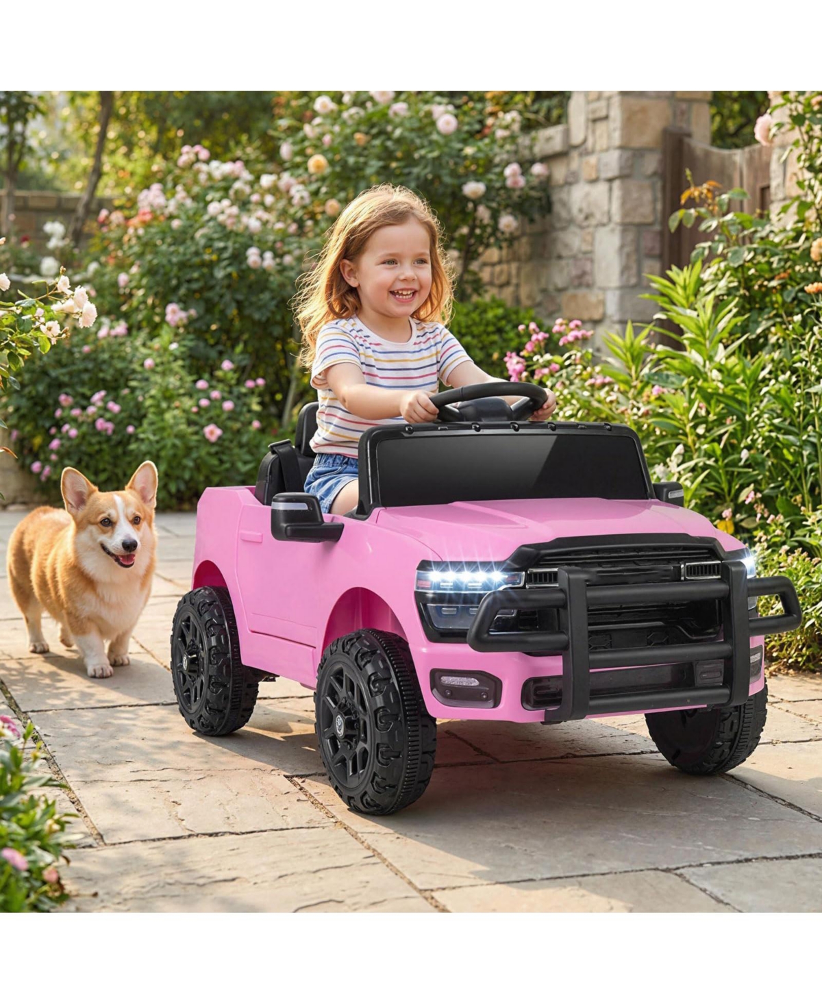 Mecale 12V Kids Ride On Car Licensed Ram 3500 Electric Vehicle with Remote Control-Pink