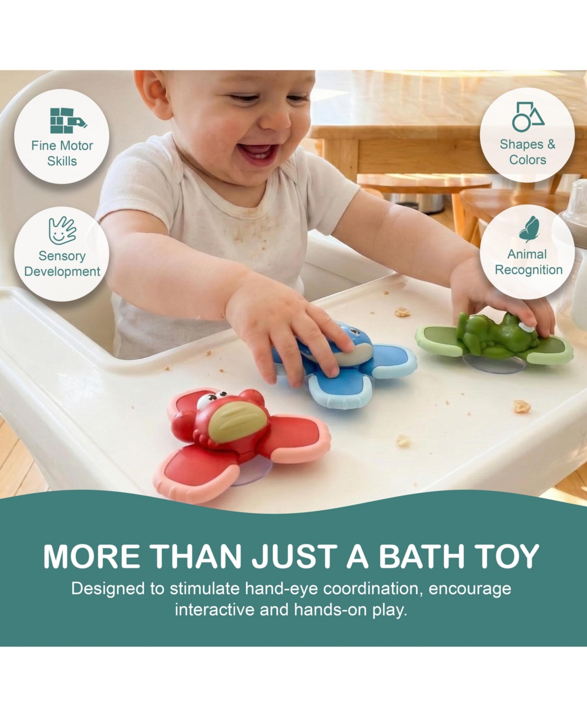 Sperric Toddler Cartoon Suction Cup Spinner Toys for Toddlers, 3 Pc Sensory Fidget Spinners, Bath Toys 1-3, Interactive, Engaging Fidget Toys