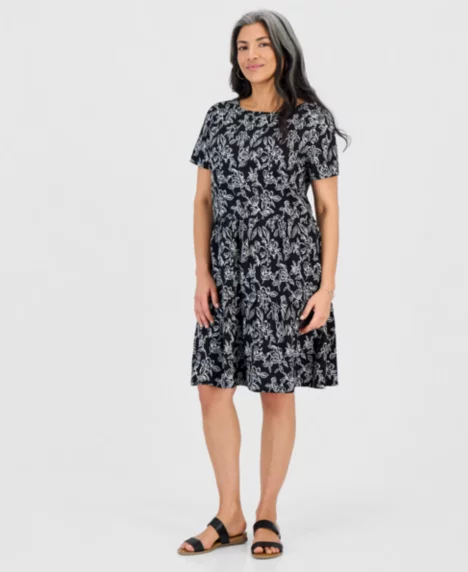 Petite Printed Short-Sleeve Tiered Knit Dress - Bloom Deep