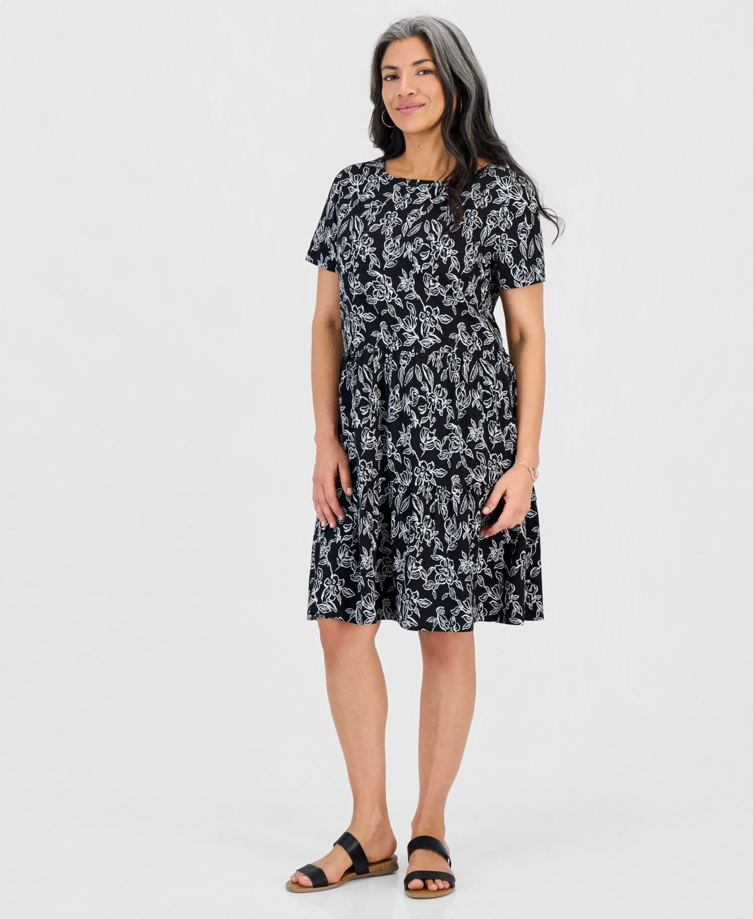Petite Printed Short-Sleeve Tiered Knit Dress