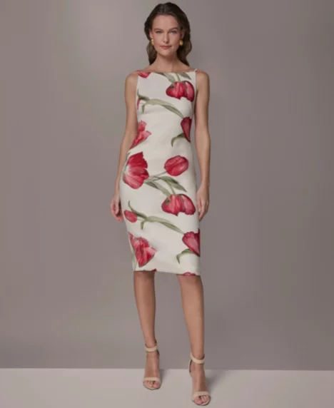 Petite Square-Neck Printed Sheath Dress - Geranium Multi
