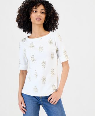 Petite Floral Knit Elbow-Sleeve Top