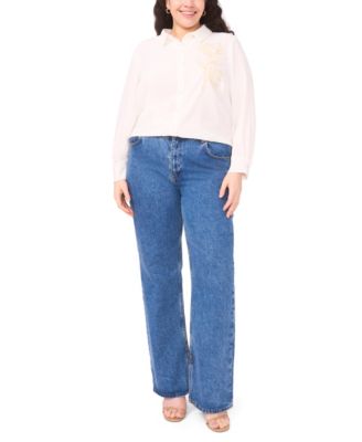 Plus Size Button-Down Flower Applique Blouse