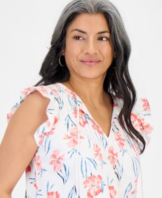 Petite Tie-Neck Pintuck-Front Ruffled Top