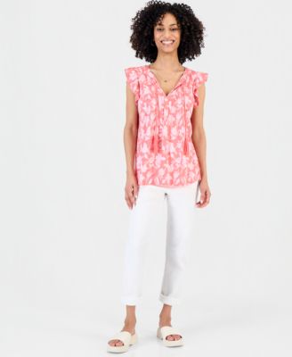 Petite Tie-Neck Pintuck-Front Ruffled Top