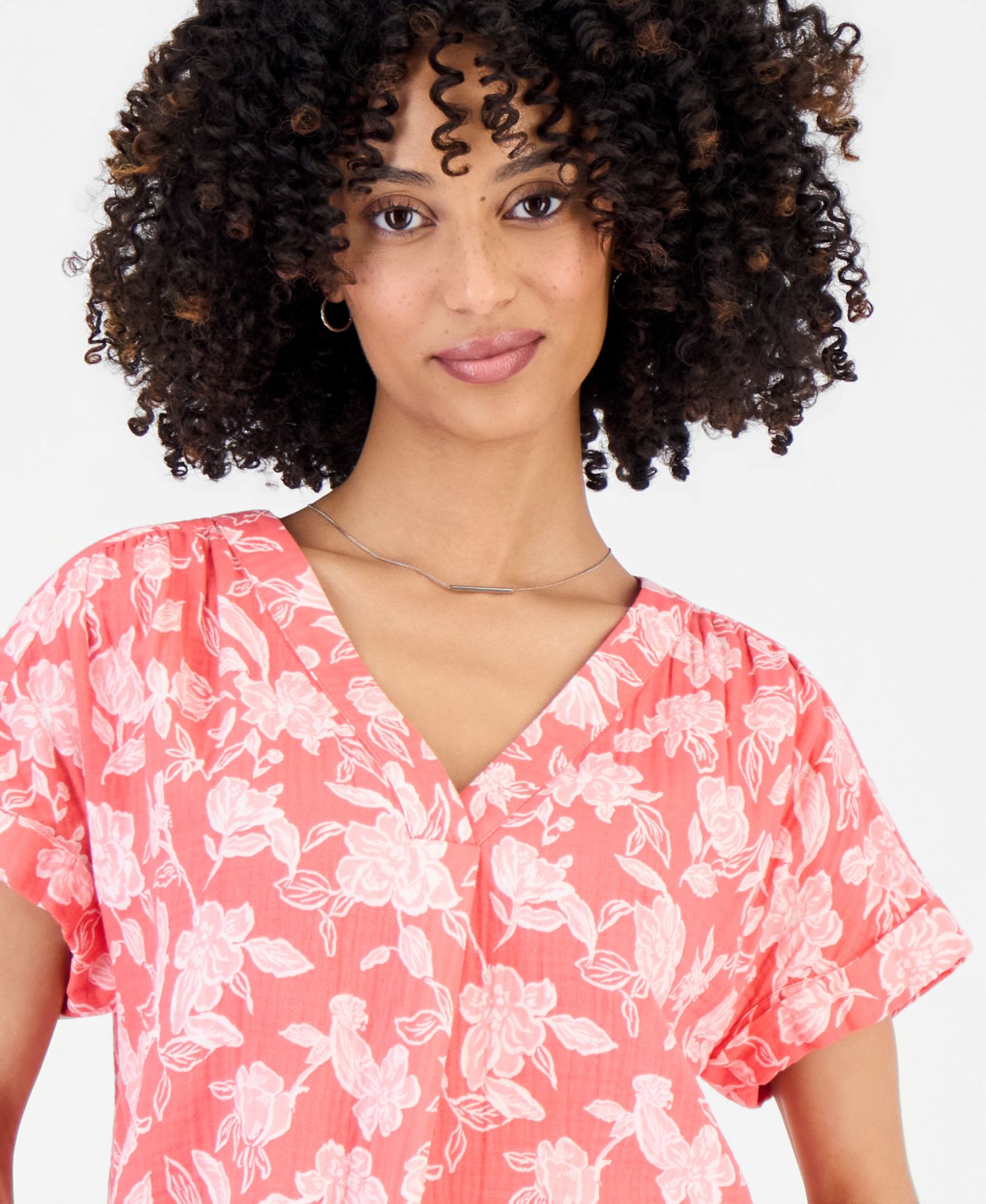 Petite Cotton Gauze V-Neck Short-Sleeve Top