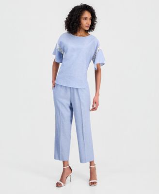 Women's Flutter-Sleeve Lace-Trim Top & Drawstring Pants