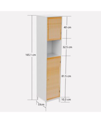 Bathroom Tall Storage Cabinet, Freestanding Organizer with Bamboo Slat Doors, Adjustable Shelves, Modern Narrow Floor Cabinet for Bathroom
