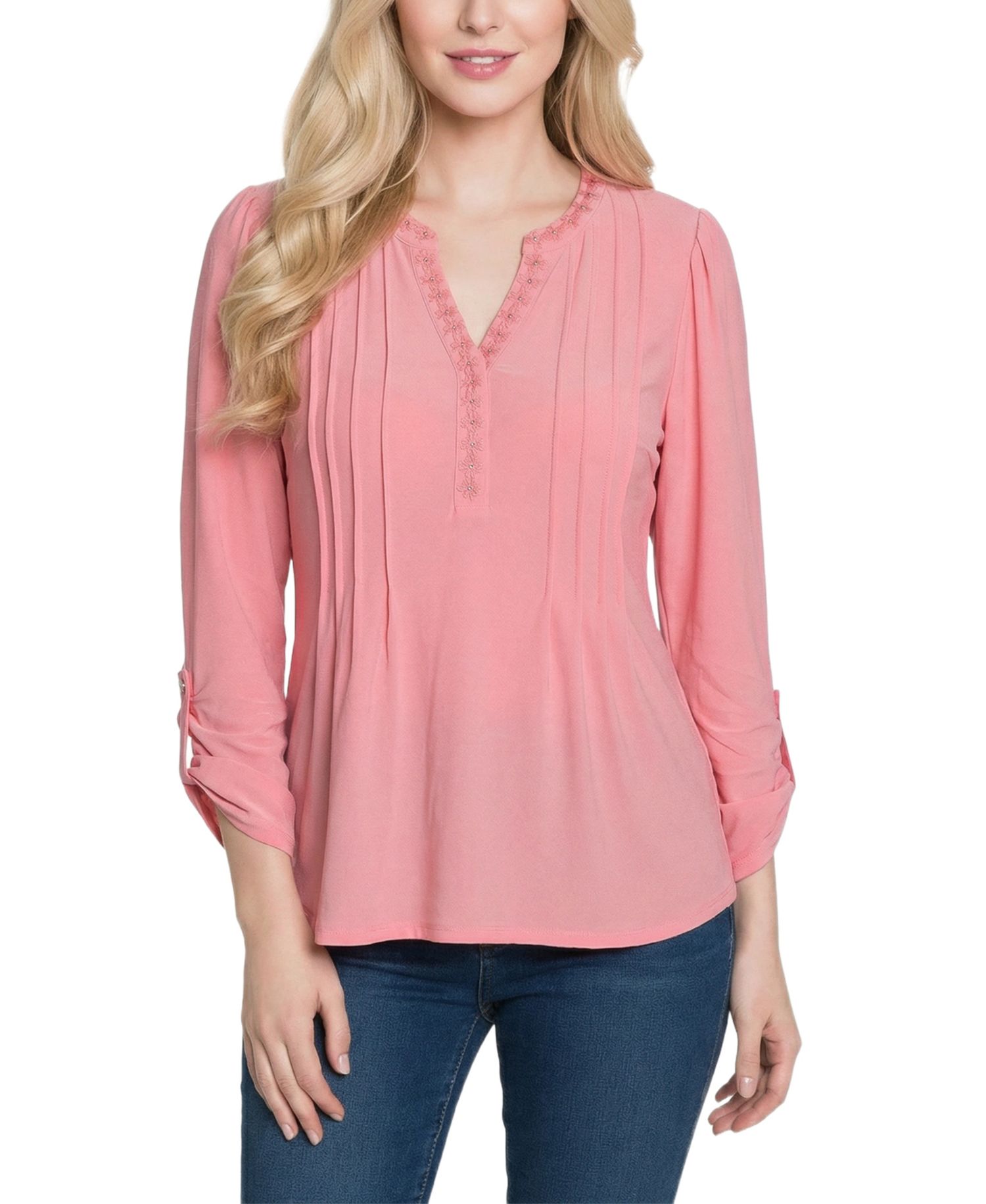 Petite Long-Sleeve Pleat Front Roll Tab Top