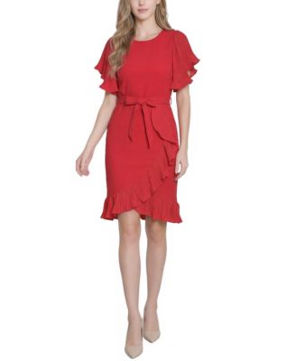 Women's Short-Sleeve Pleated Ruffle Dress