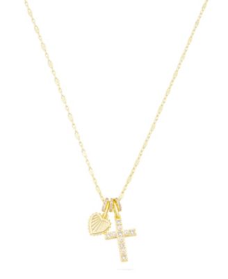 Cubic Zirconia and Imitation Pearl Cross and Heart with Rondelles Charm Necklace
