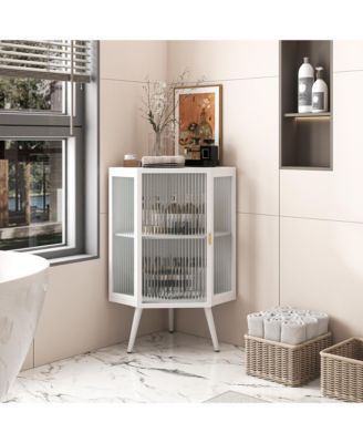 Corner Cabinet - Freestanding Glass Cabinet, Bathroom Storage Cabinet with Tempered Glass Door & Storage Shelf for Bathroom, Living Room