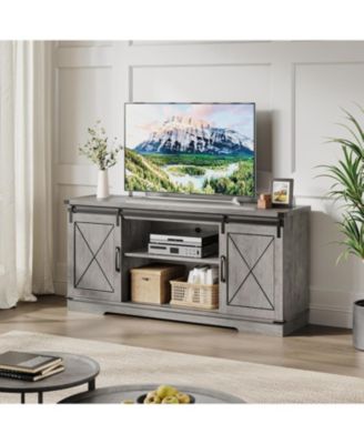 59" Farmhouse TV Stand for TVs Up to 65", Media Console with Sliding Barn Doors & Adjustable Shelves, Entertainment Center Storage Cabinet