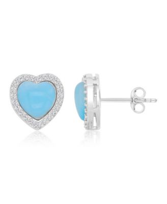 Larimar & Cubic Zirconia Heart Stud Earrings in Rhodium Over Sterling Silver