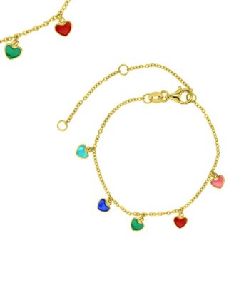 Multicolor Dangling Hearts Anklet in 14k Yellow Gold Over Sterling Silver
