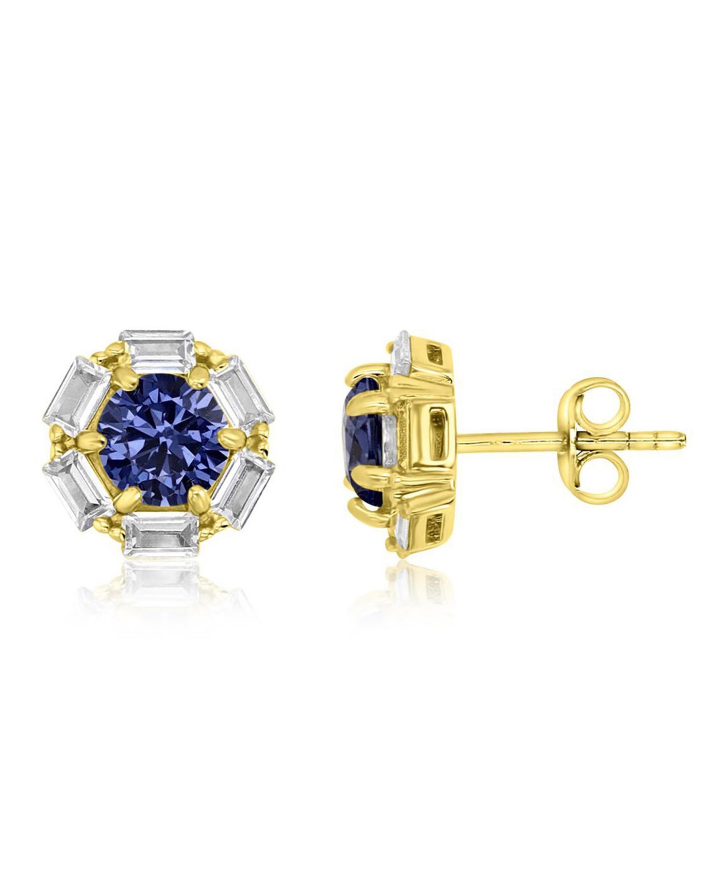 Polished Tanzanite Colored Cubic Zirconia Stud Earrings in 14k Yellow Gold Over Sterling Silver