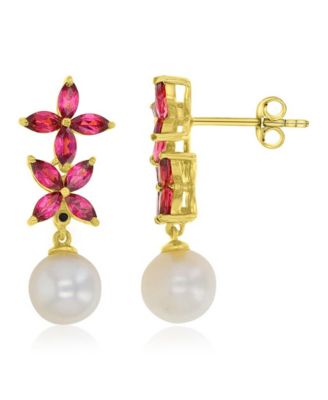 Garnet & Imitation Pearl Flower Earrings in 14k Yellow Gold Over Sterling Silver