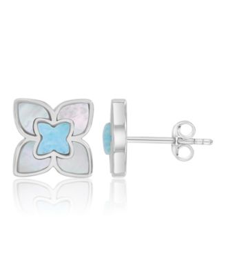 Larimar and Imitation Pearl Flower Stud Earrings in Rhodium Over Sterling Silver
