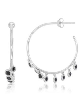 Onyx Circle Dangling Tube Hoop Earrings in Rhodium Over Sterling Silver