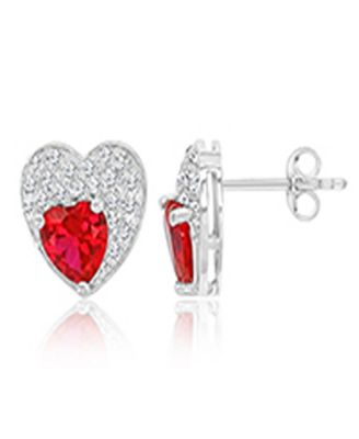 Created White Sapphire and Ruby Paved Heart Stud Earrings in Rhodium Over Sterling Silver