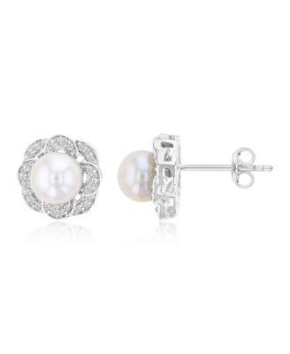 Diamond & Imitation Pearl Stud Earrings in Rhodium Over Sterling Silver