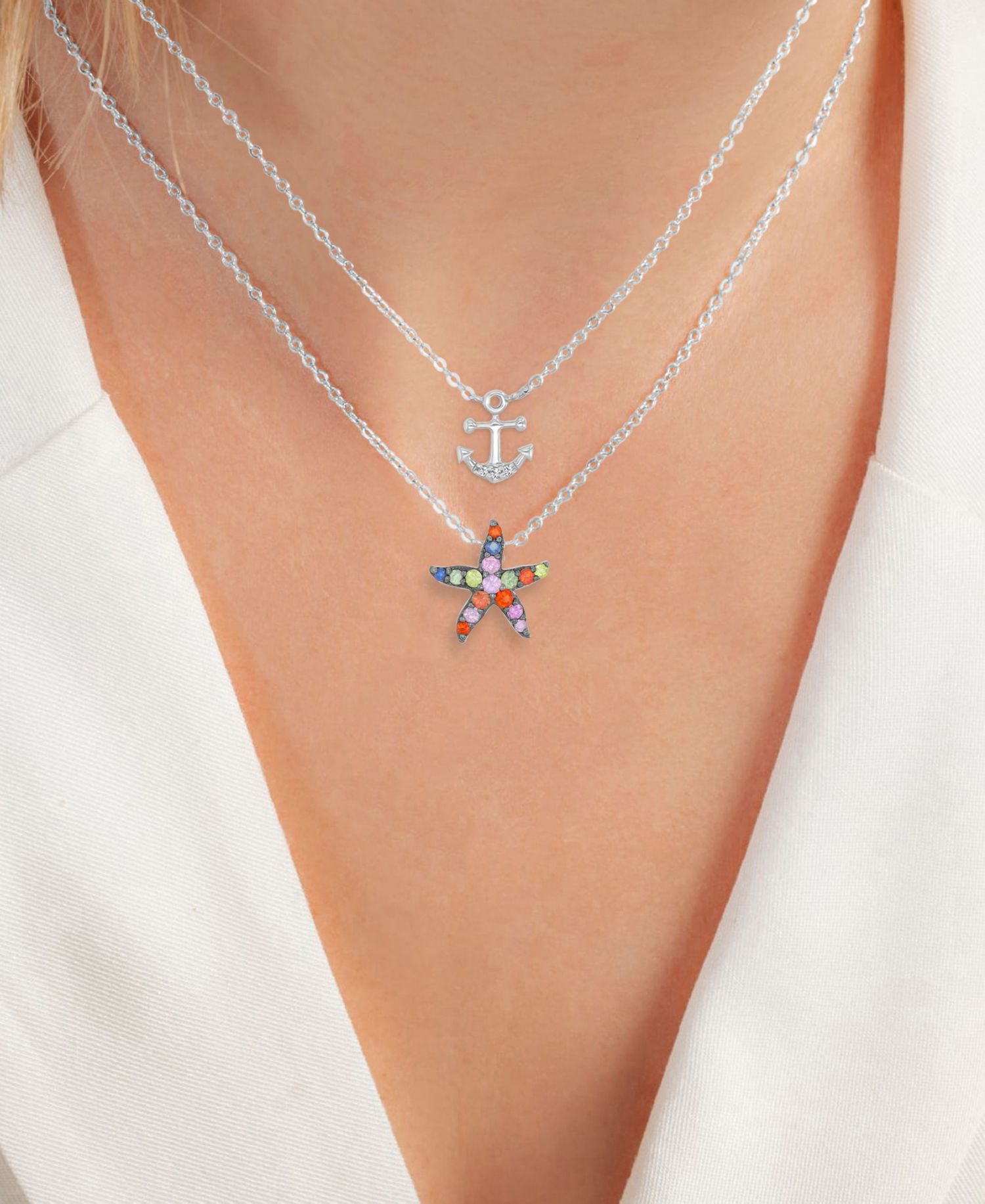 Multi-Color Starfish & Anchor Necklace in Rhodium Over Sterling Silver