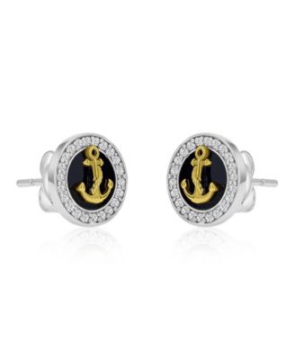 Created White Sapphire and Black Enamel Anchor Stud Earrings in 14k Yellow Gold Over Sterling Silver