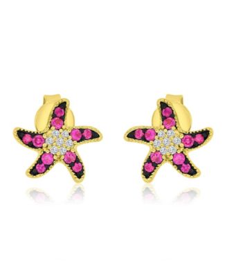 Created White Sapphire and Ruby Stud Earrings in 14k Yellow Gold Over Sterling Silver