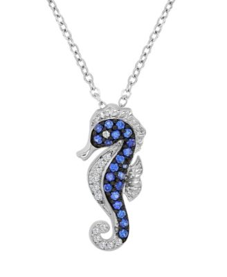 Created White Sapphire & Blue Sapphire Seahorse Necklace in Rhodium Over Sterling Silver