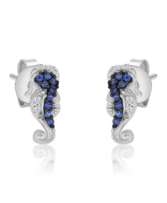 Created Blue Sapphire and White Sapphire Seahorse Stud Earrings in Rhodium Over Sterling Silver