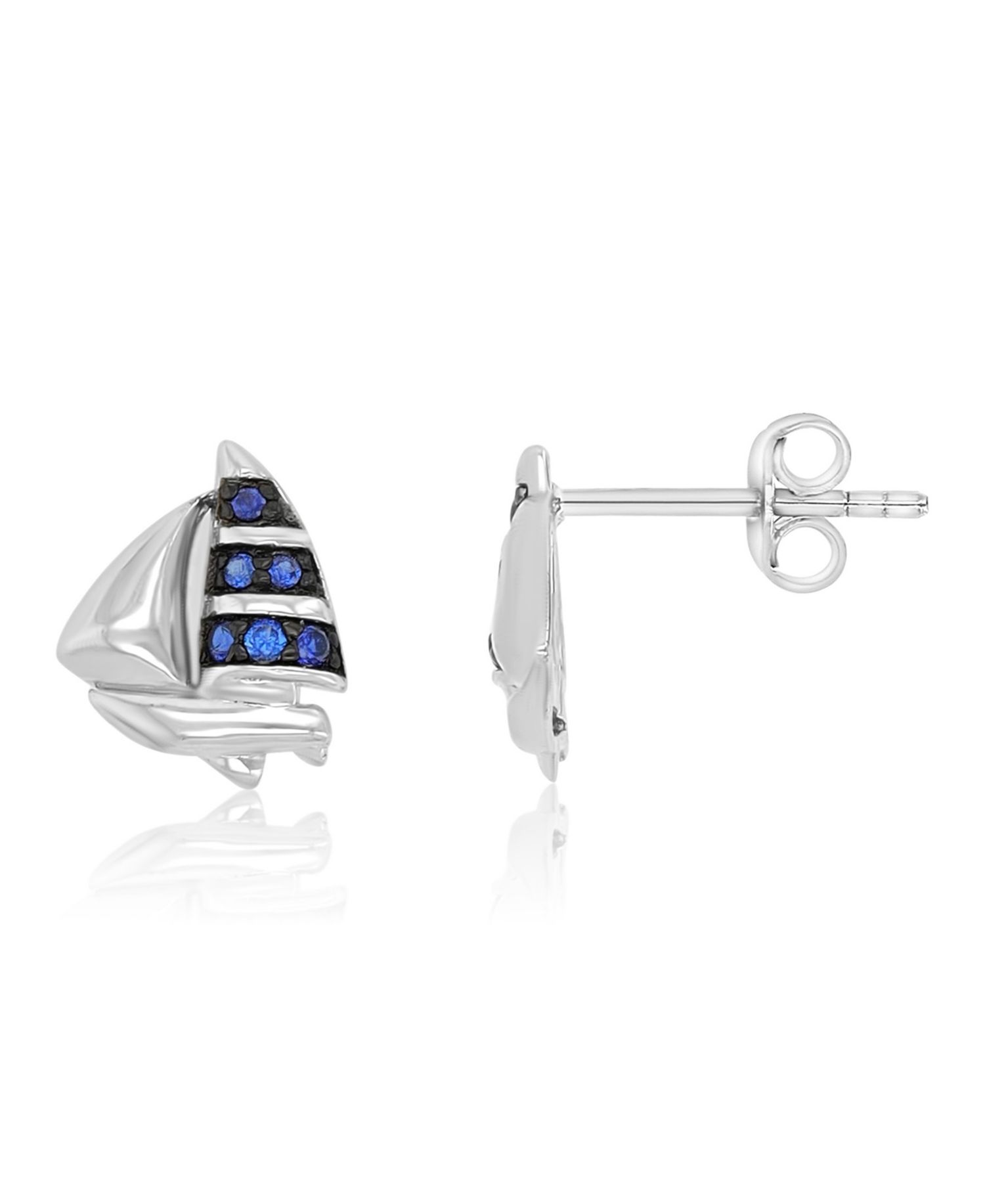 Created Blue Sapphire Ship Stud Earrings in Rhodium Over Sterling Silver