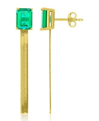 Created Emerald Herringbone Chain Dangling Earrings in 14k Yellow Gold Over Sterling Silver