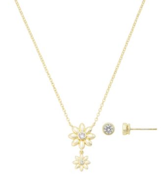 Cubic Zirconia Double Flower Drop Pendant Necklace with Earring Set