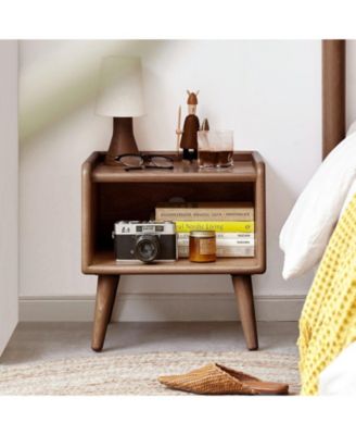 Modern Beech Nightstand with Open Storage & Cable Hole Bedside Cabinet