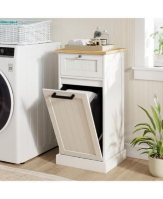 Freestanding Tilt Out Laundry Cabinet with Removable Basket and Storage Organizer