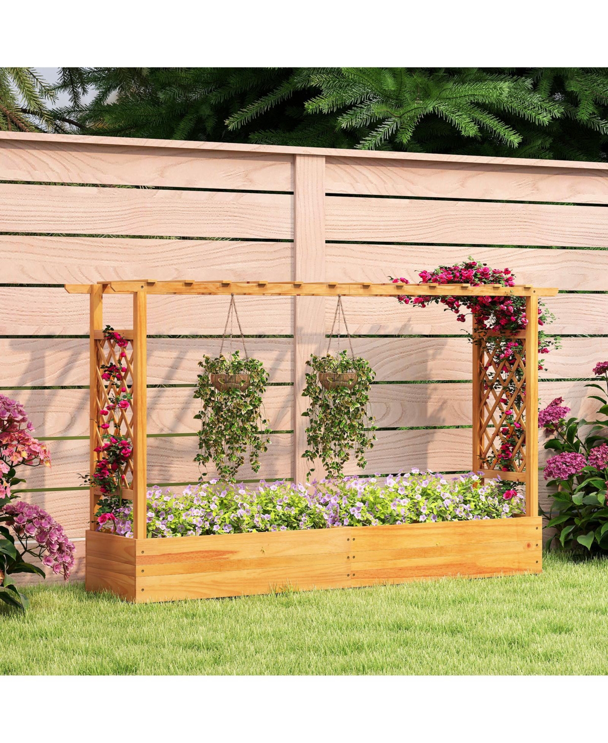 Slickblue Outdoor 45 Inch Wooden Raised Planter Bed with Trellis