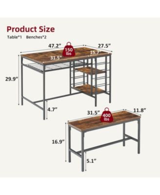 4-Piece Dining Table Set with 2 Benches, Wine Rack & Storage Shelf, Kitchen Dining Room Table for Small Spaces