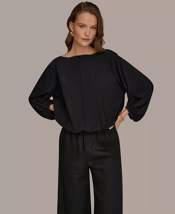 Women's 4-way Stretch Knit Boat Neck Balloon Sleeve Blouse