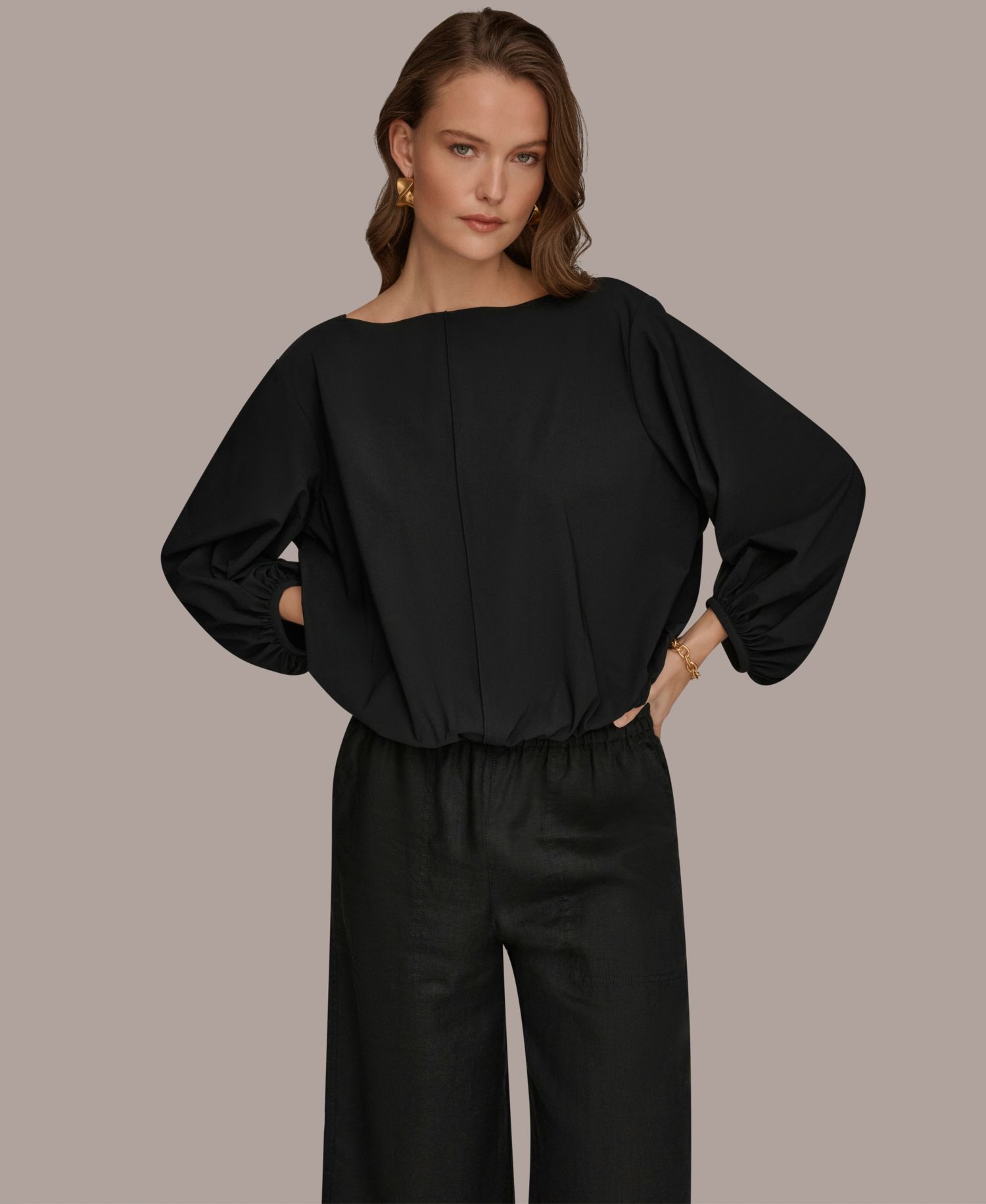 Women's 4-way Stretch Knit Boat Neck Balloon Sleeve Blouse