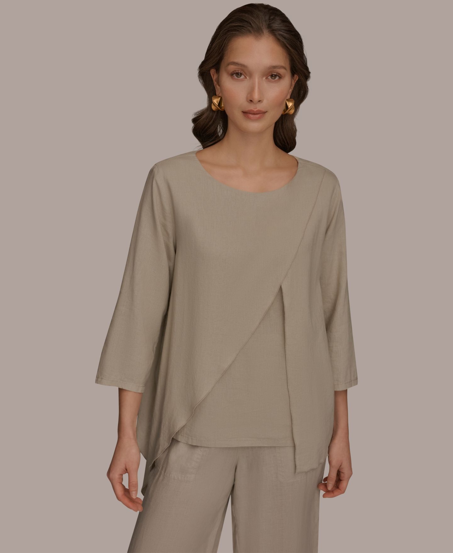 Женская блузка Donna Karan Weekend Linen Wrap Front 3/4 Sleeve, цвет: Серый — фото 1