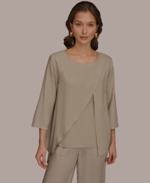 Женская блузка Donna Karan Weekend Linen Wrap Front 3/4 Sleeve, цвет: Серый